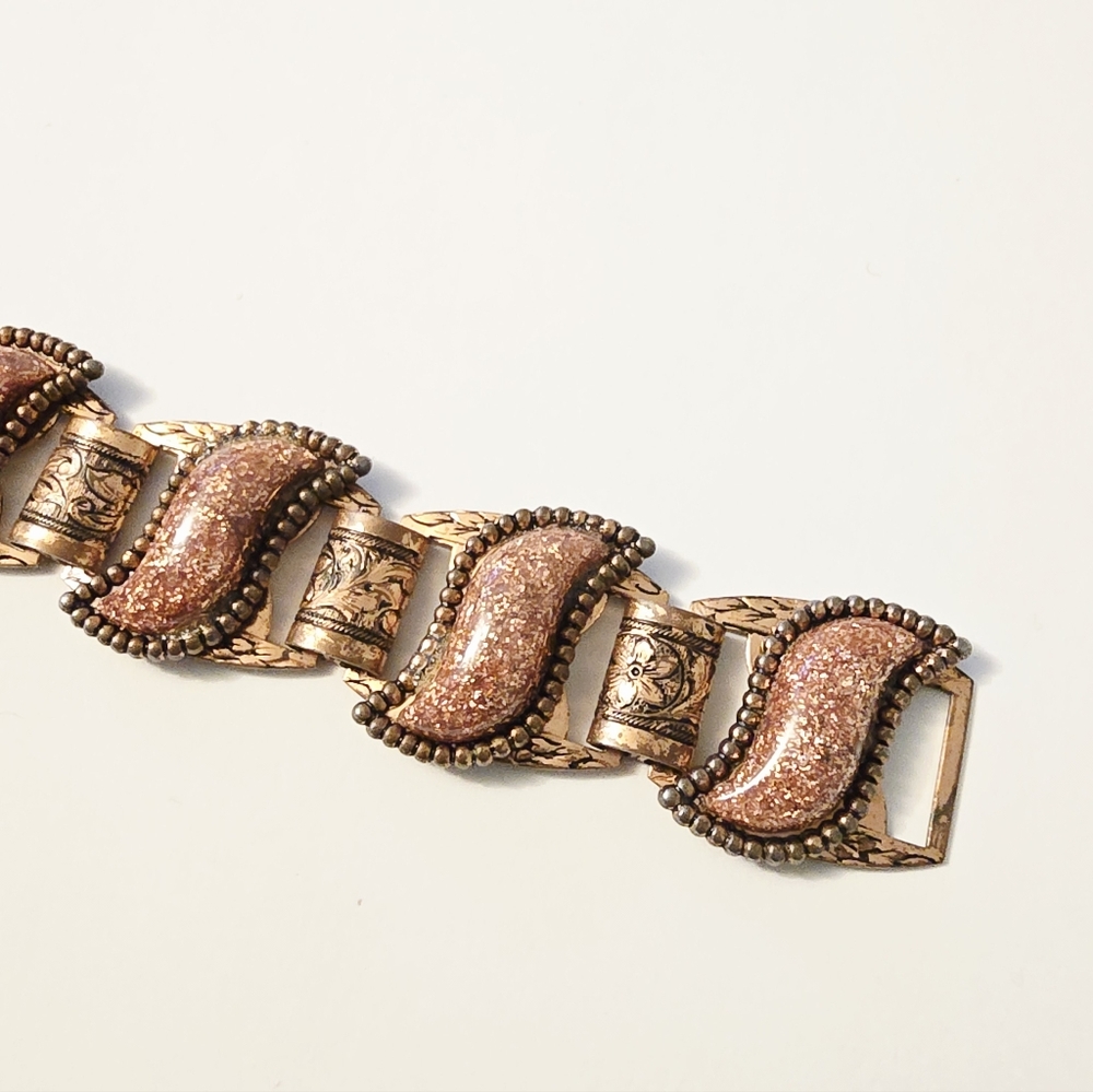 3/$50 Vintage 50s 60s copper gold stone lucite pannel link bracelet - Picture 3 of 7